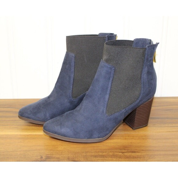 FIONI WOMENS BLUE SUEDE SHOES STACK HEEL BOOTIES‎ SIZE 9 WITH GOLD ZIPPER - Picture 1 of 10